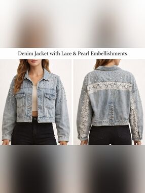 POL Beaded Light Wash Denim Jacket with Lace Trim On Back, Size Medium